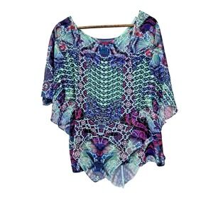 Sheer Chiffon Batwing Top Abstract Geometric Print Boho Festival Oversized Fairy